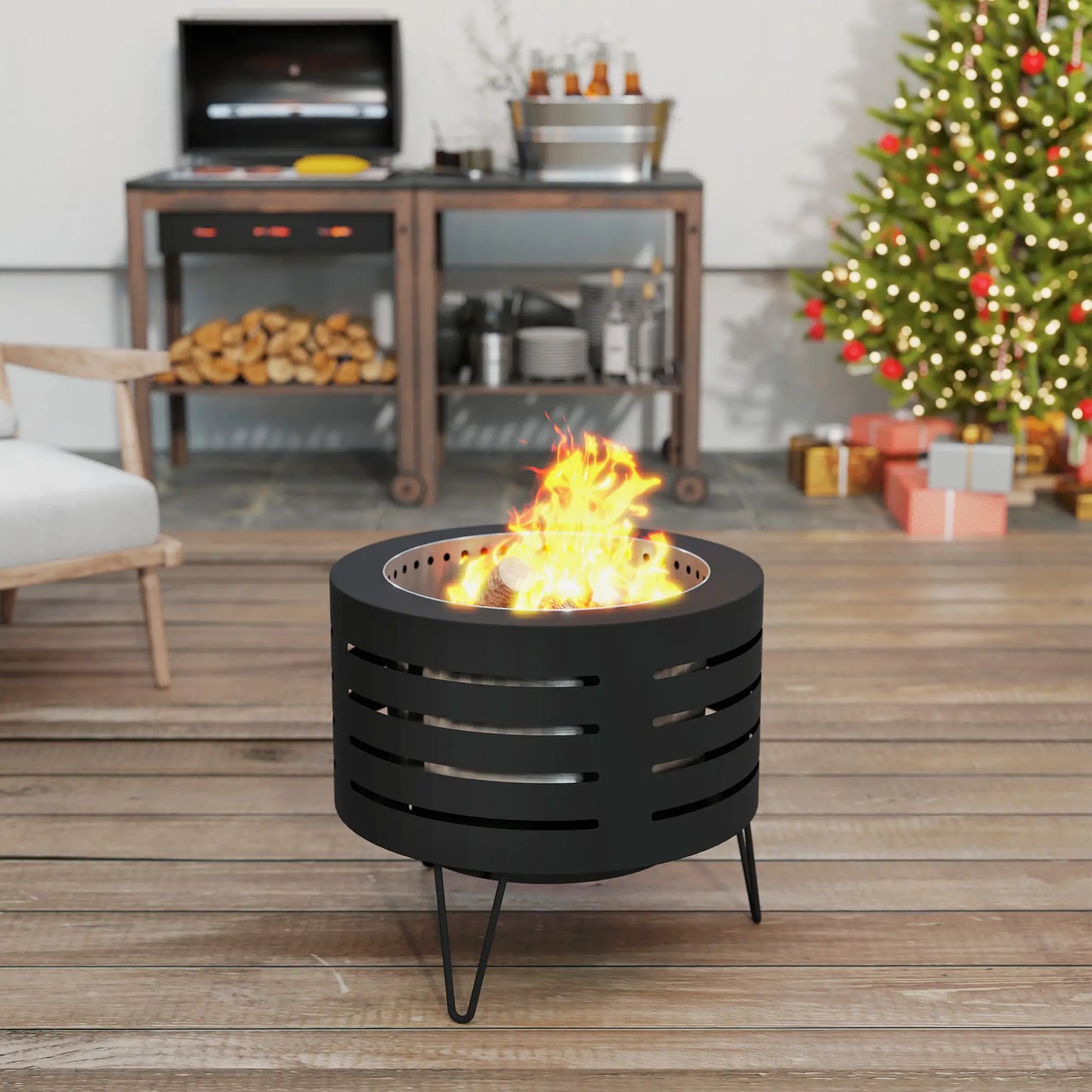 Round Fire Pit with Fire Poker, Portable Wood Burning Firepit with Ash Tray and Hairpin Legs, Outdoor Fireplace, Black