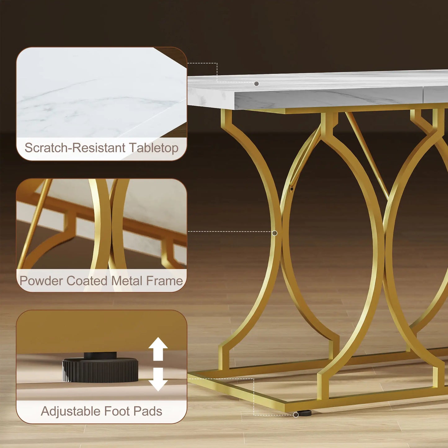 59-Inch, 6 Person, Modern Marble-Pattern Kitchen Dinner Table with Metal Pedestal White