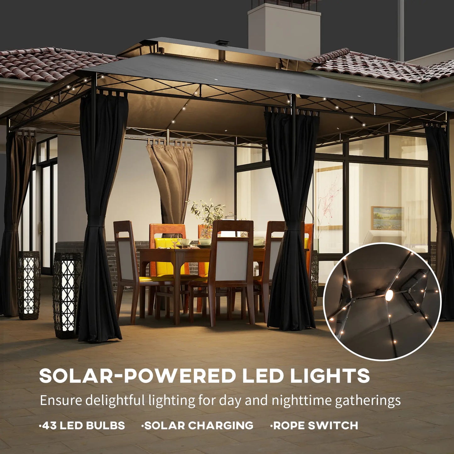 10' x 13' Outdoor Gazebo with Curtains and Solar-Powered LED Lights, Double Roof Patio Gazebo Canopy Shelter