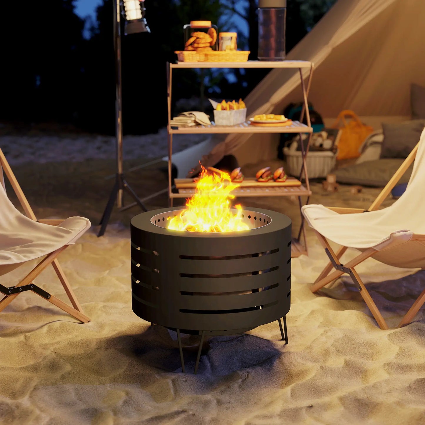 Round Fire Pit with Fire Poker, Portable Wood Burning Firepit with Ash Tray and Hairpin Legs, Outdoor Fireplace, Black