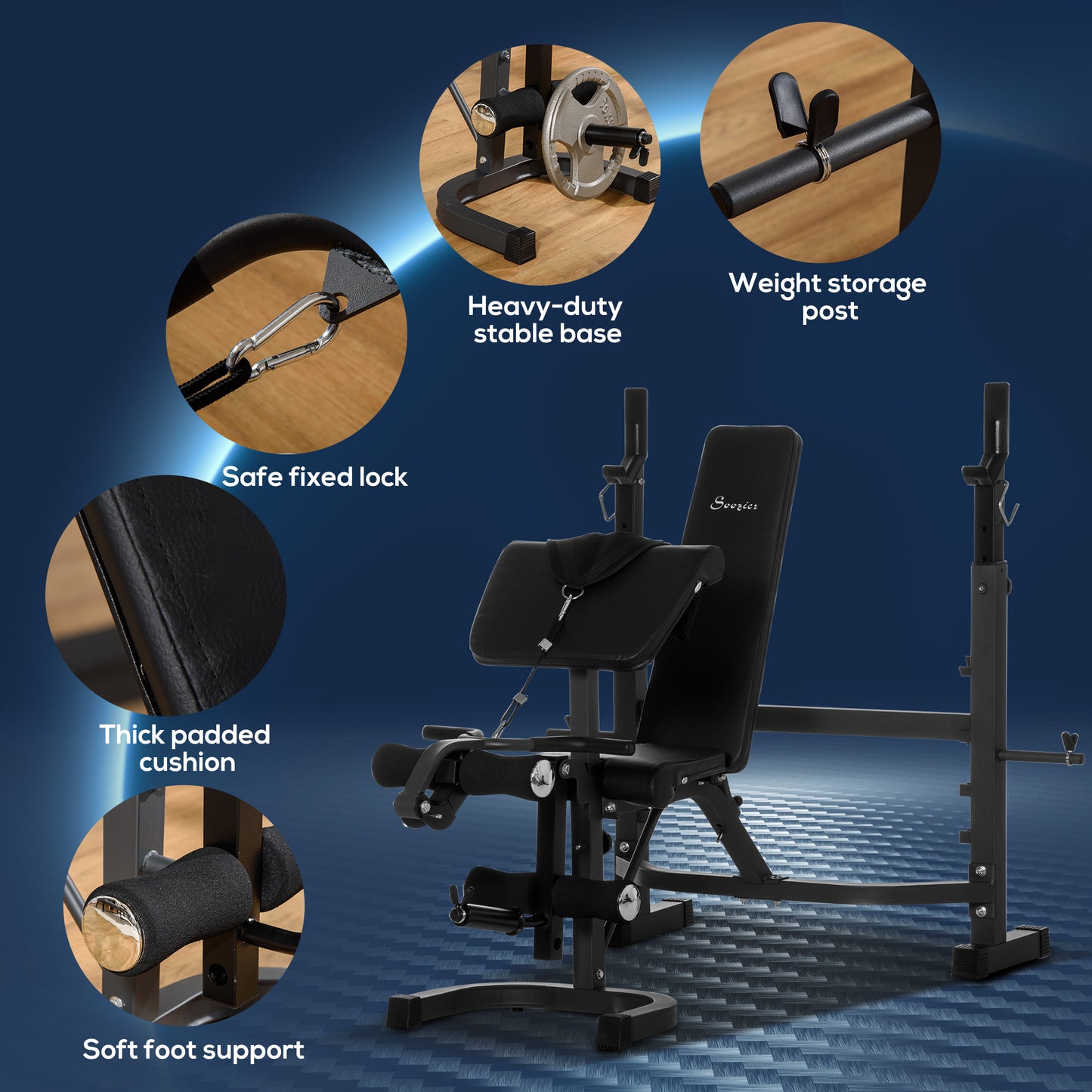 Soozier Weight Bench Stand with Squat Rack, Adjustable Olympic Bench, Multifunctional Arm Curl Pad, Leg Extension, Grey