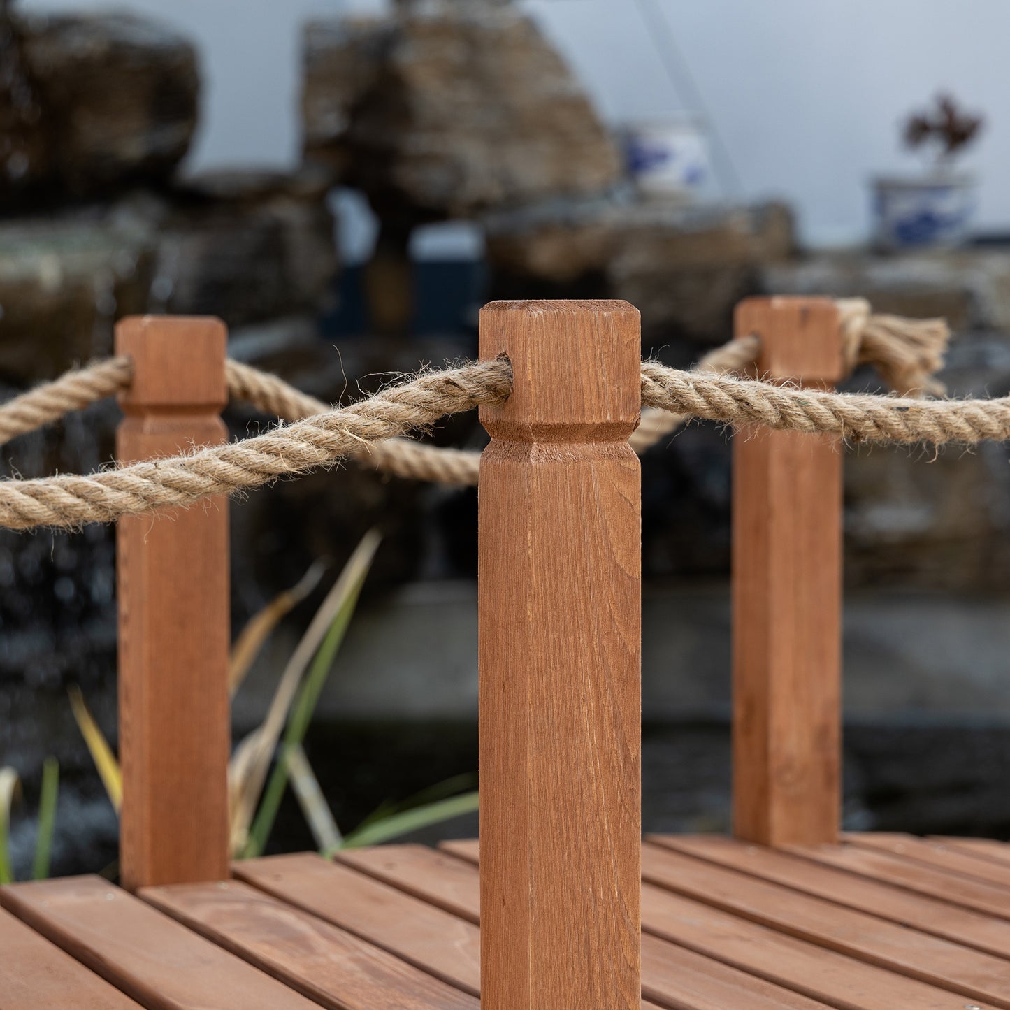 5FT Wooden Garden Bridge Outdoor Decorative Arc Footbridge with Hemp Rope Railings & Solid Fir Construction, Orange