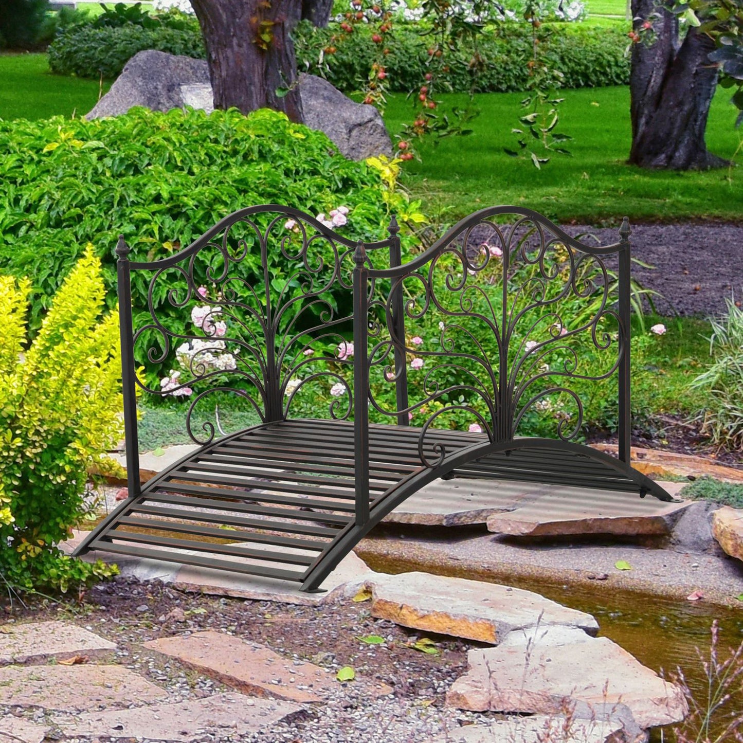 4FT Metal Garden Bridge Decorative Arc Bridge with Guardrails Black Bronze