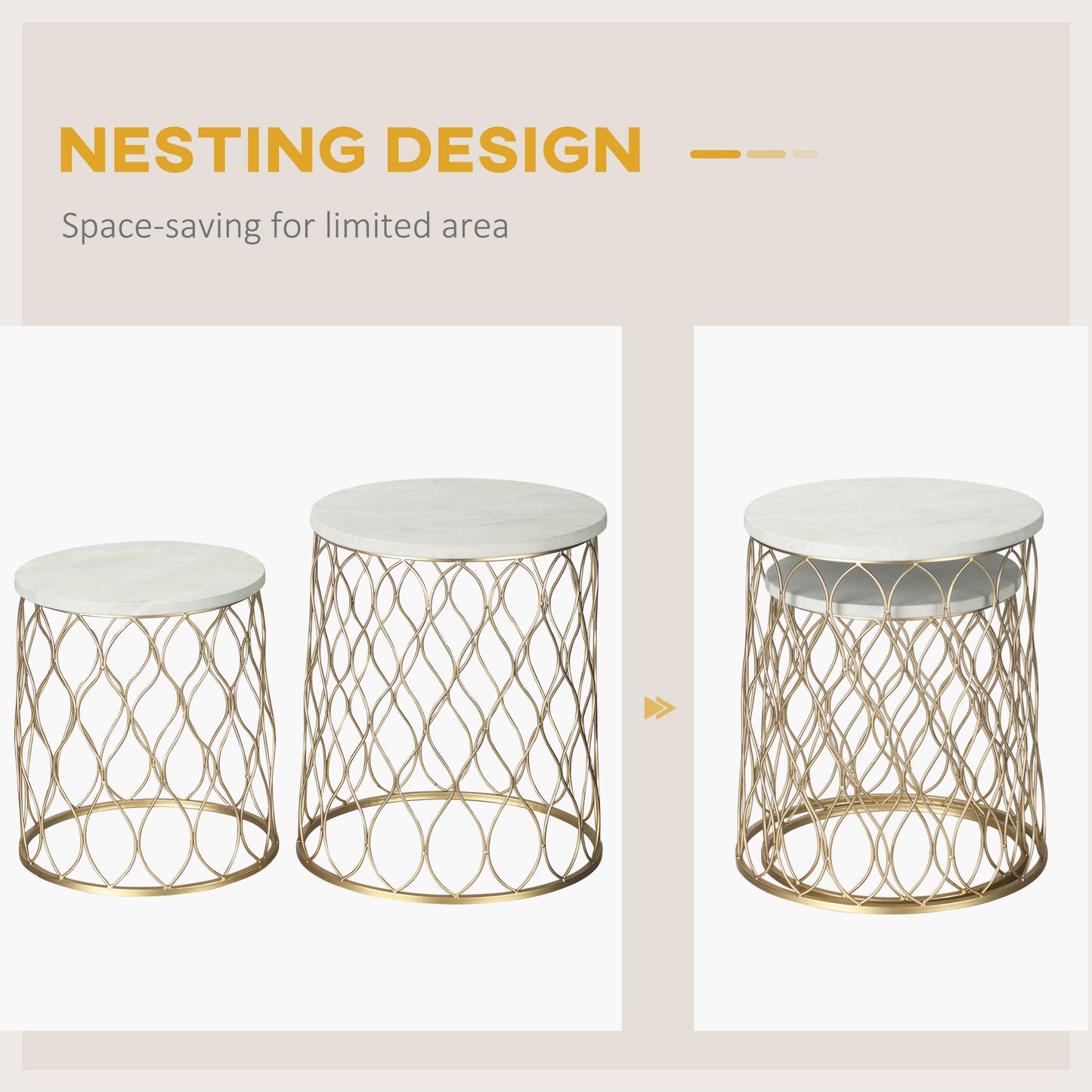 Set of 2 Patio Round Nesting Coffee Table Set, Outdoor Stacking End Side Table with Metal Frame for Garden, Balcony, Backyard, Gold