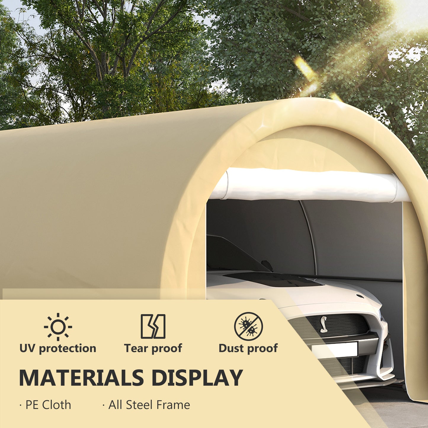 10' x 16' Heavy Duty Portable Carport Tent with Zippered Door, PE Cover for Car, Truck, Boat, Motorcycle, Bike, Beige