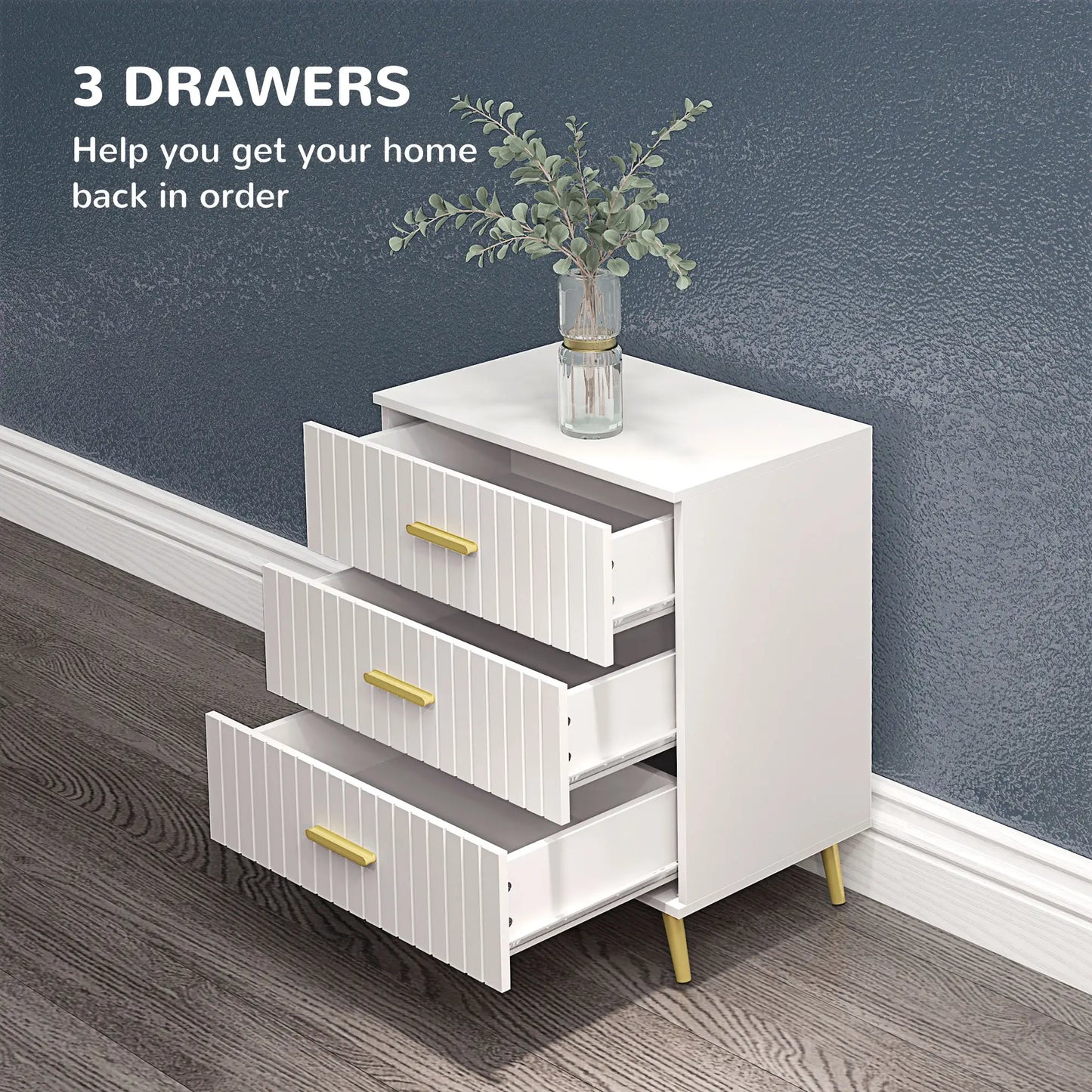 3 Drawer Drawer Chest with Aluminium Legs and Gold Handles, in White