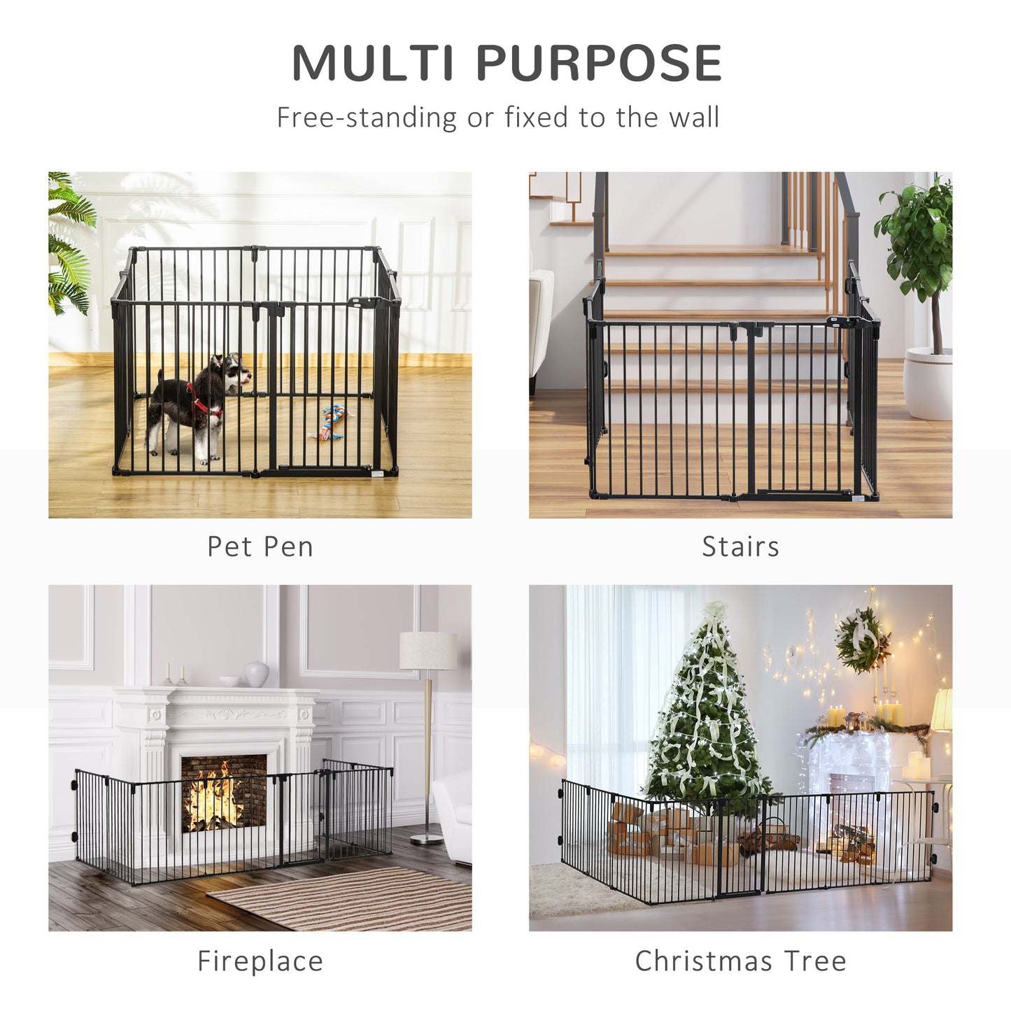 PawHut 30" Pet Safety Gate 8-Panel Playpen Fireplace Christmas Tree Steel Fence Stair Barrier Room Divider with Walk Through Door Automatically Close Lock Black