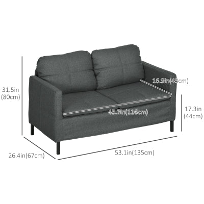 53"  Upholstered Two Seater Couch with Sturdy Steel Legs for in Grey