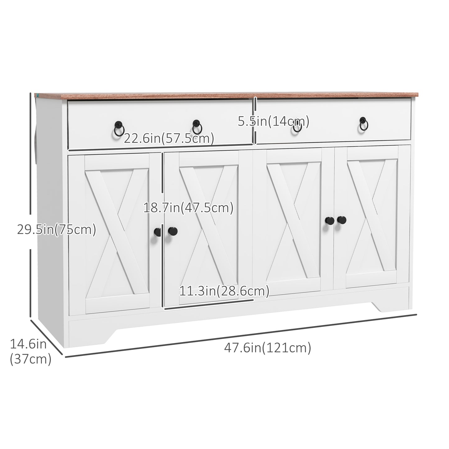 Sideboard Cabinet with 2 Drawers, 4 Barn Doors and 2 Adjustable Shelves, in White