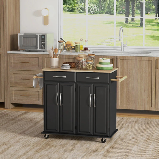 Kitchen Island on Wheels with Rubberwood Top, with 2 Drawers, 4 Doors and Adjustable Shelves