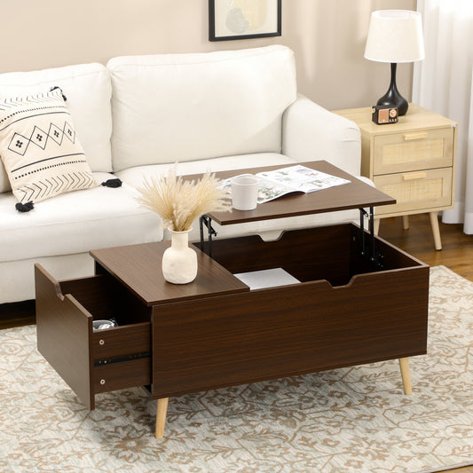 Coffee Table with Wood Legs, Lift Top Coffee Table with Drawer, Hidden Compartment, 38.6" x 21.3" x 18.9", Brown