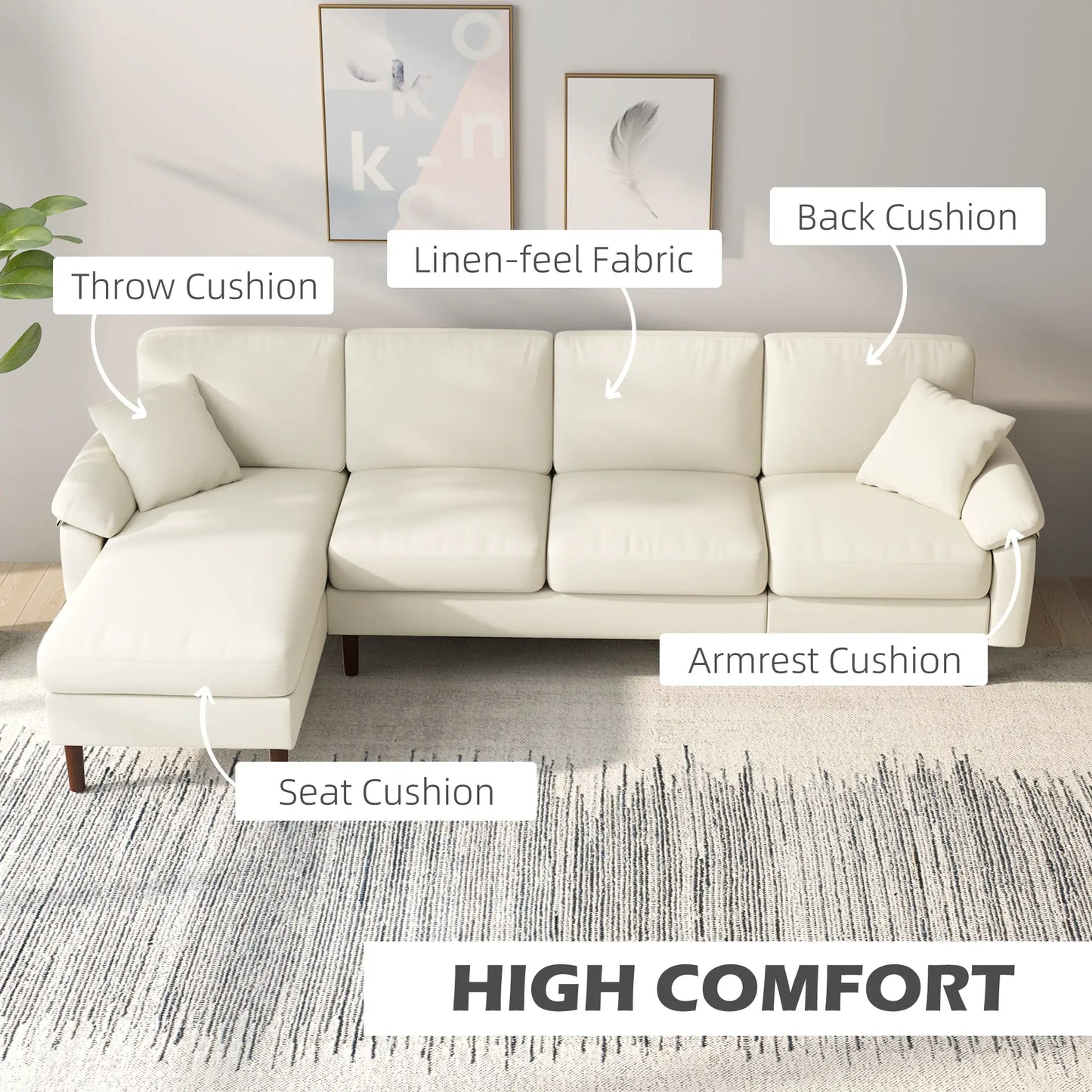 Modern Sectional Couch with Changeable Chaise Lounge, Pillows and Wooden Legs for Living Room, Cream White