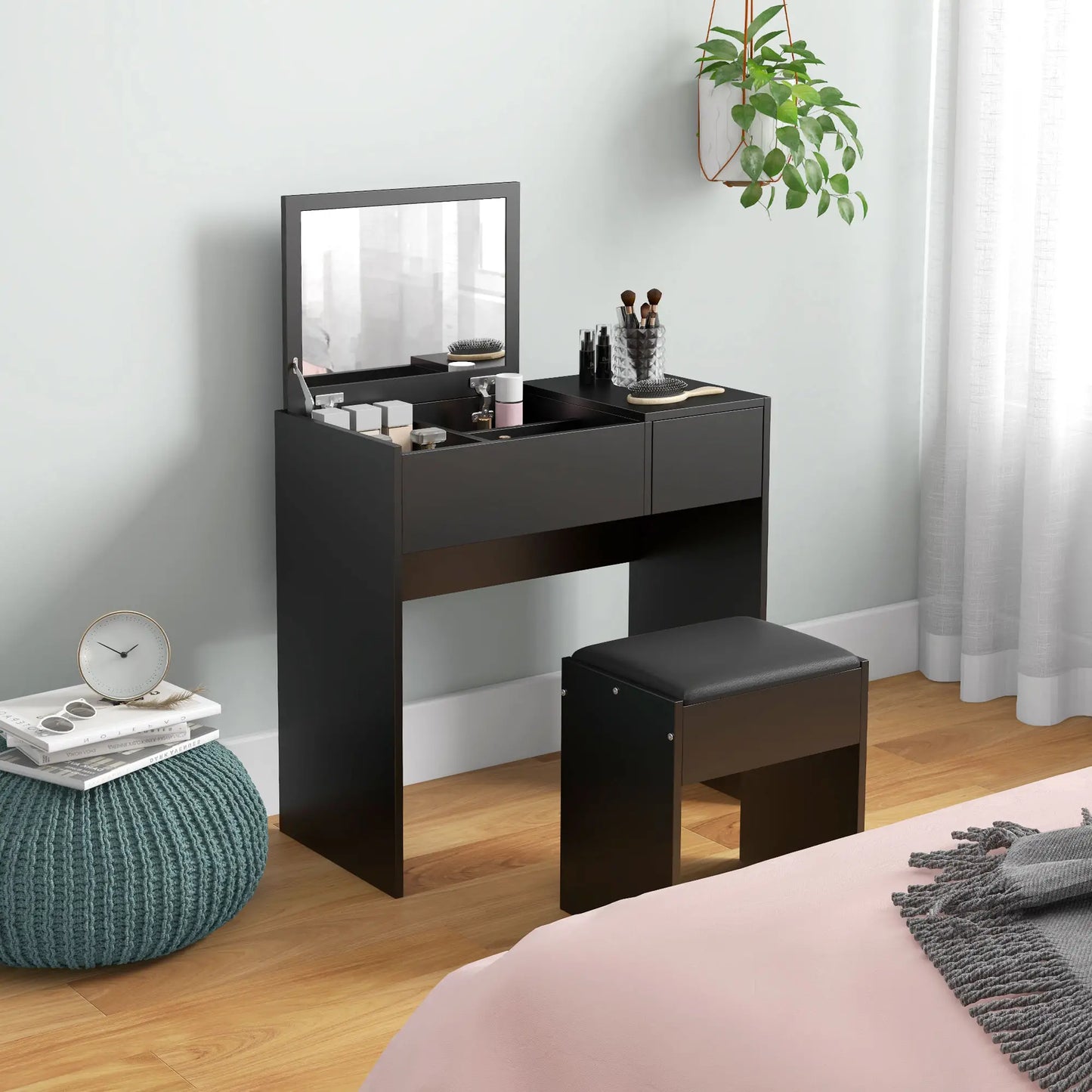 Vanity Set with Flip Top Mirror and Cushioned Stool, Black