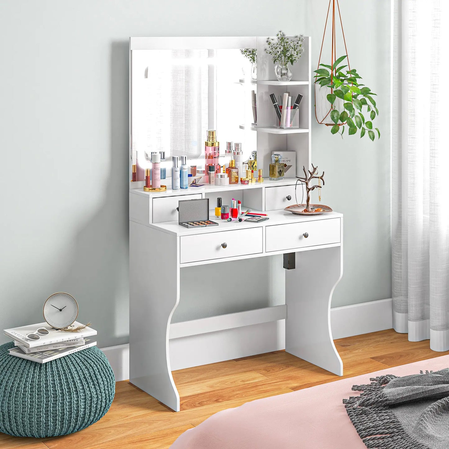 Vanity with Lighted Mirror, Charging Station, USB Ports, Drawers, Storage Shelves in White