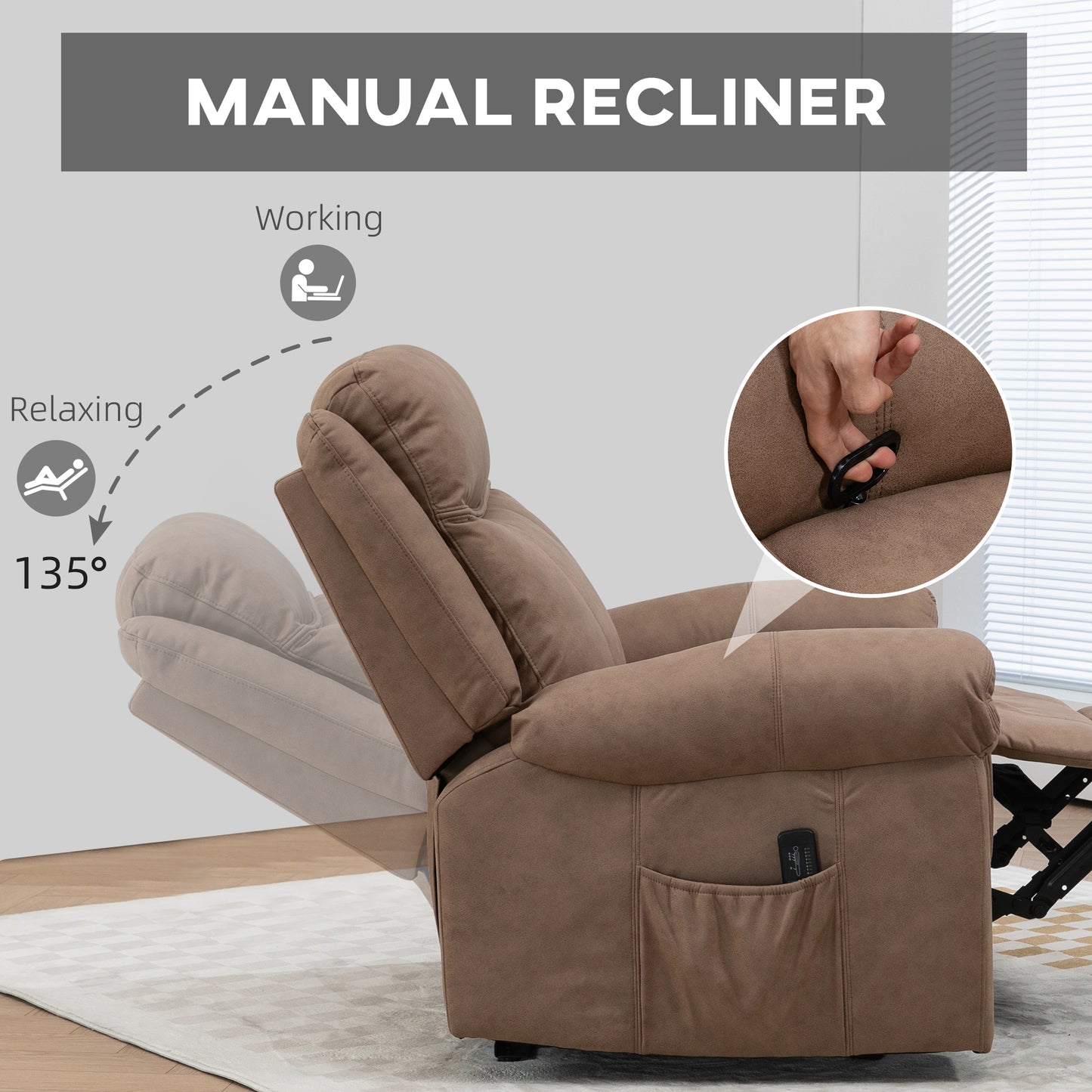 Manual Recliner Chair with Vibration Massage, Side Pockets, Microfibre Reclining Chair for Any Room, in Brown