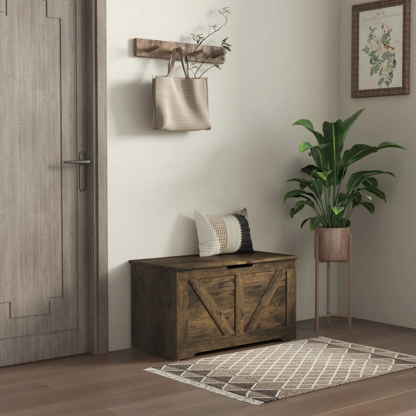 31.5 Inches Storage Chest with 2 Safety Hinges in Brown Wood Grain