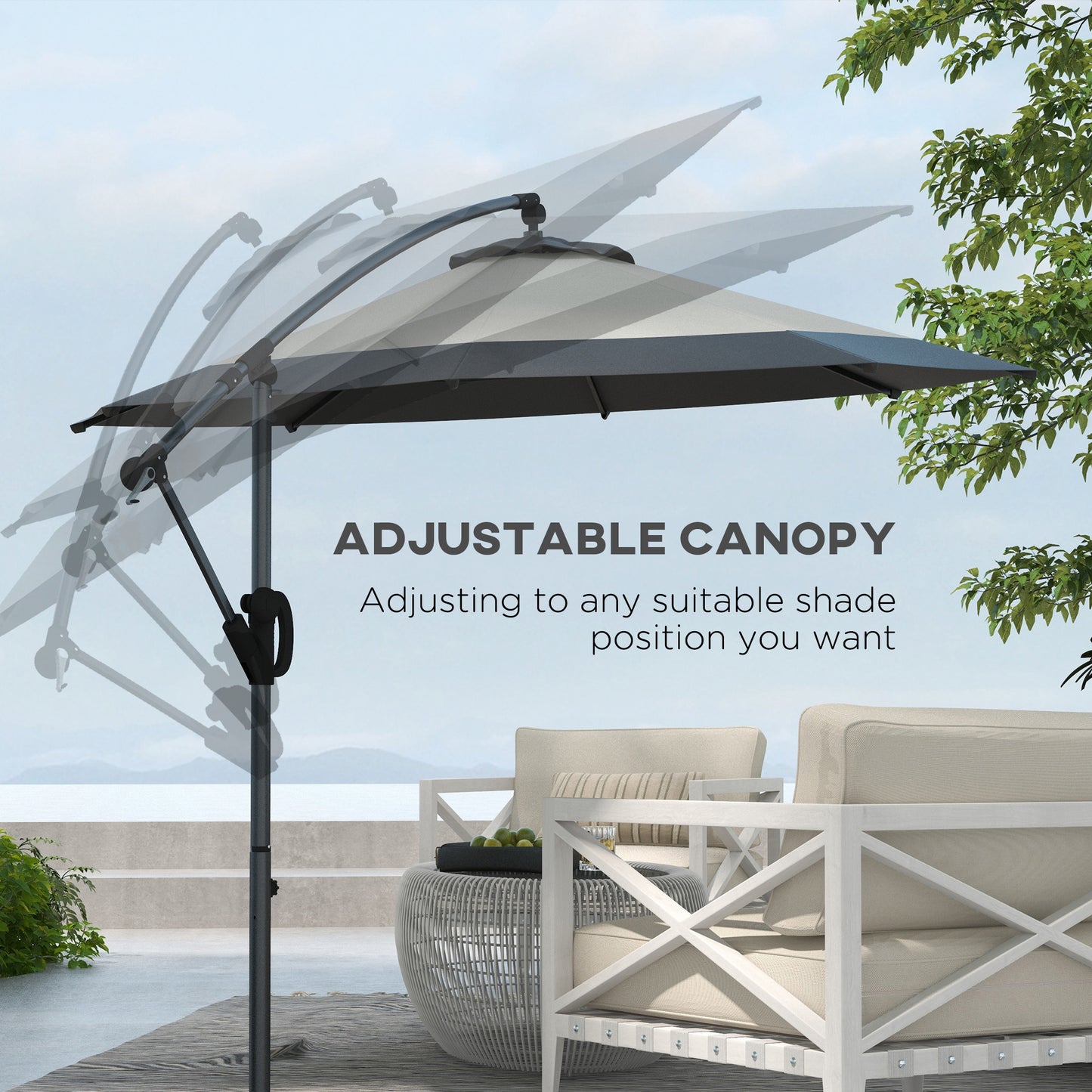 10 FT Cantilever Umbrella, Round Hanging Offset Umbrella with Crank, Tilt and Cross Base for Garden, Backyard, Grey