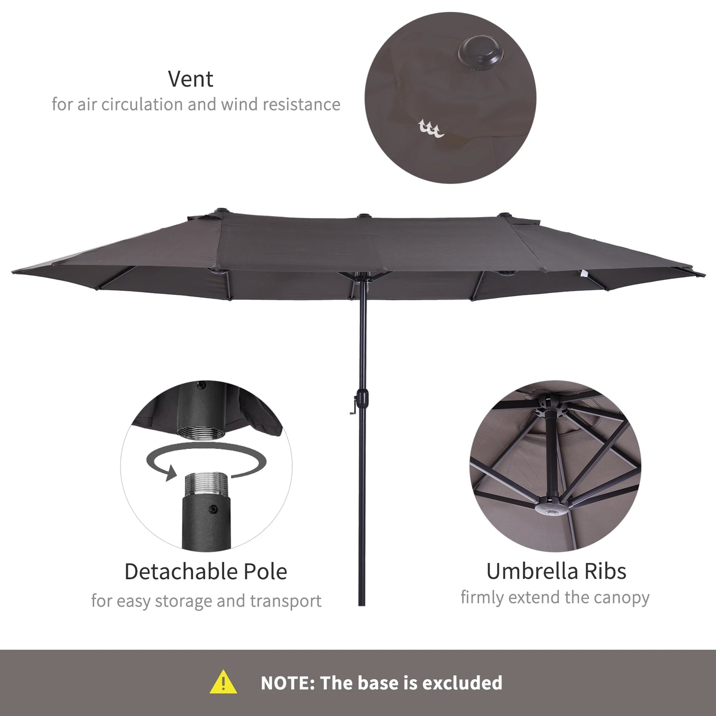 15' Double-Sided Patio Umbrella Parasol Sun Shelter Canopy Shade Grey