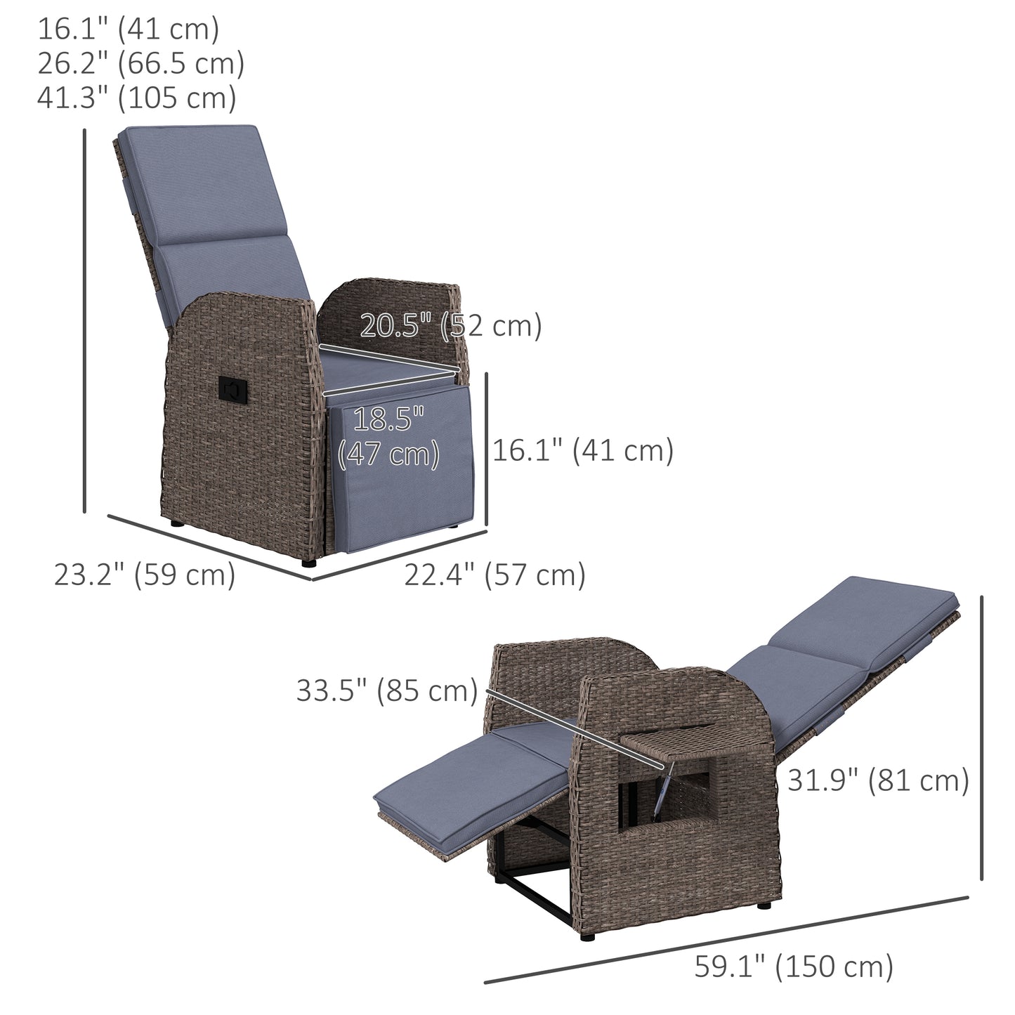 Outdoor Recliner Chair with Adjustable Backrest & Footrest, Cushion, Side Tray, Grey