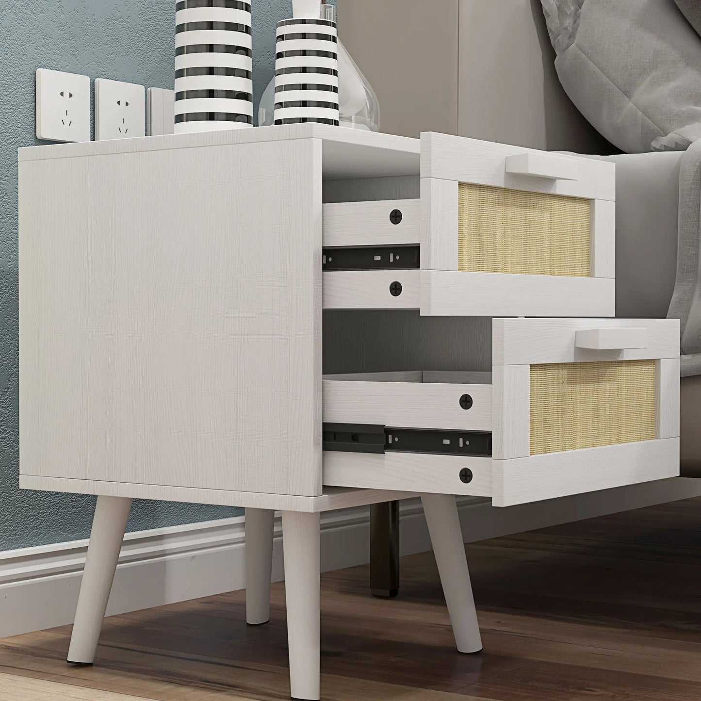 Boho Nightstands Set of 2 with 2 Drawers in White