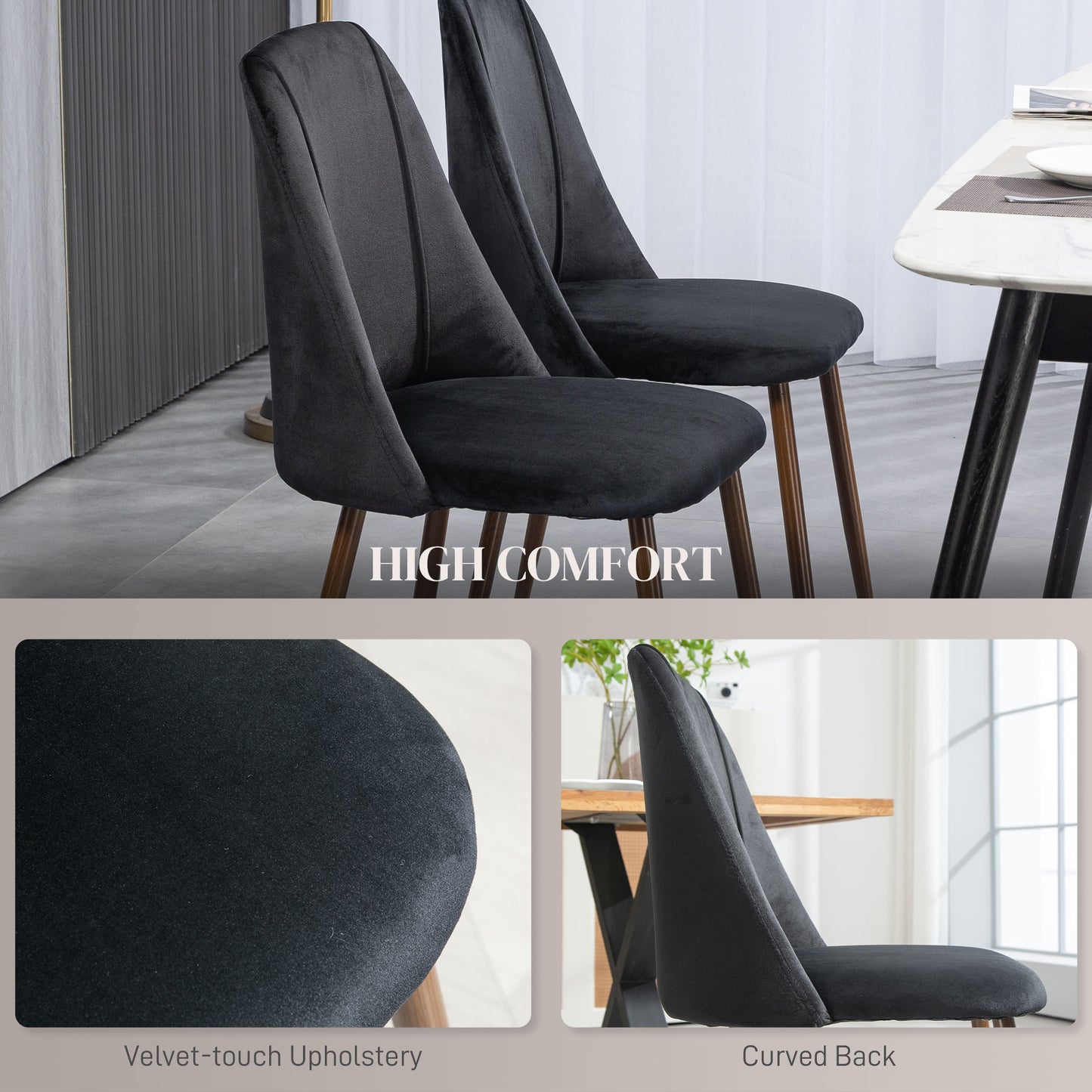 Black Velvet Upholstered Dining Chairs Set of 4, Velvet Accent Chair with Back and Wood-grain Steel Leg