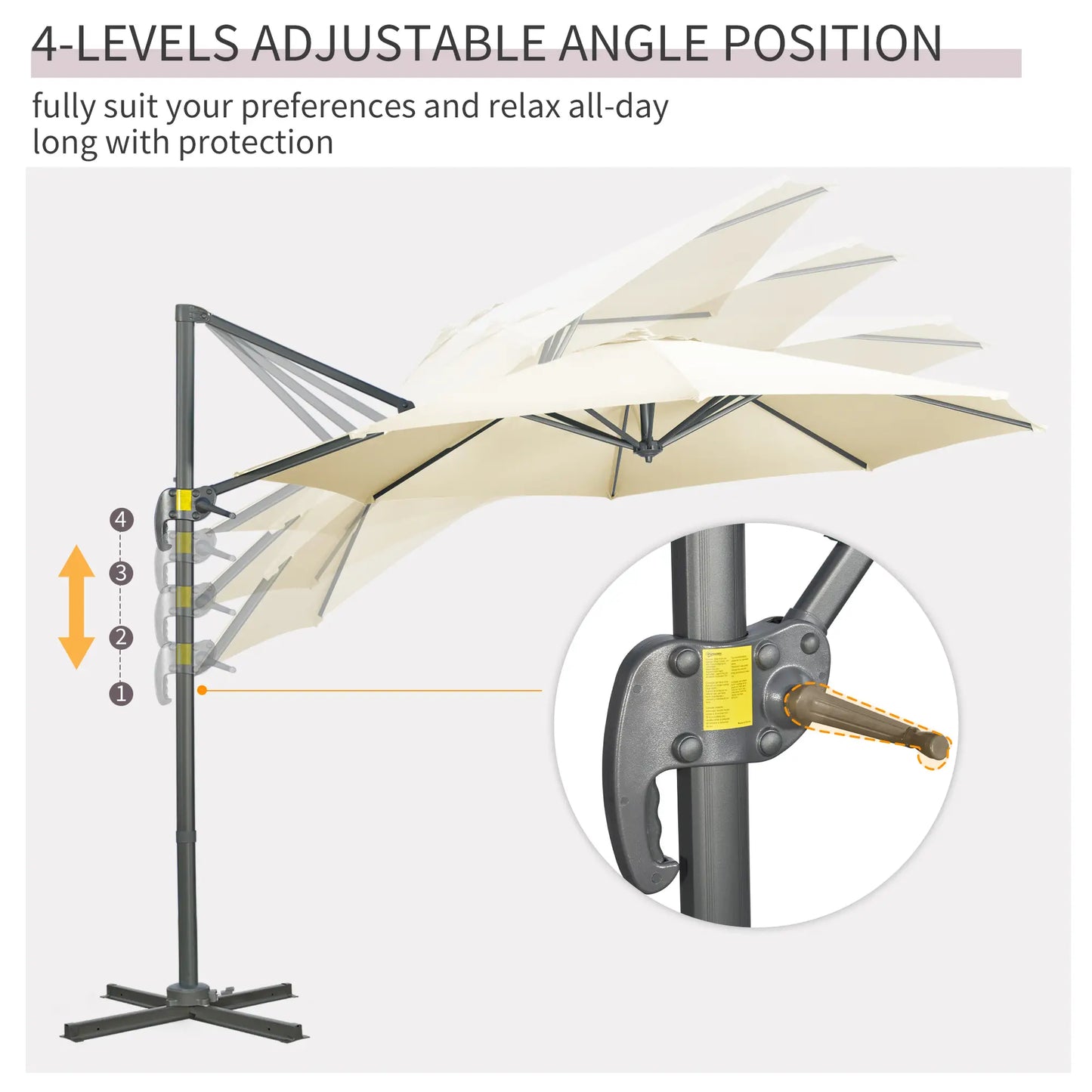 9.6' Cantilever Patio Umbrella Outdoor Hanging Offset Umbrella with Cross Base 360° Rotation Aluminum Poles in Cream White