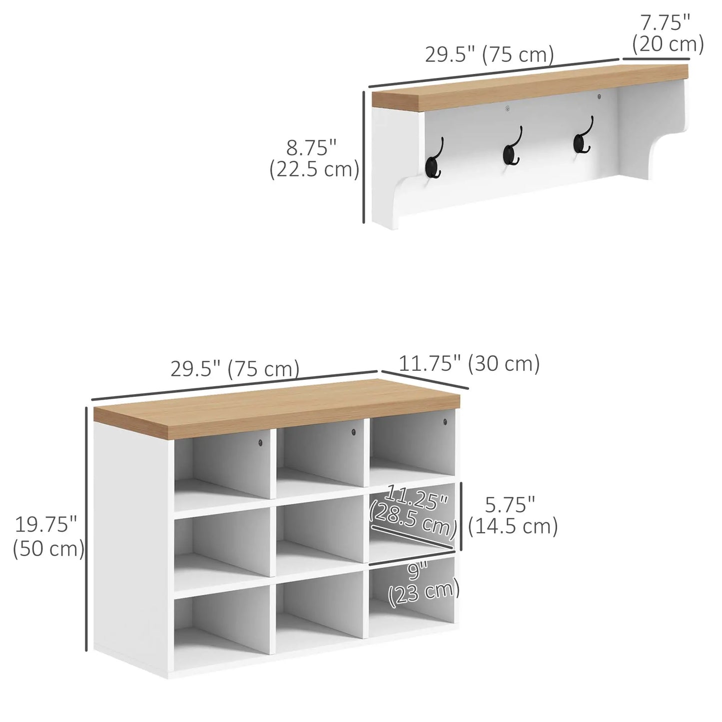 2-in-1 Hall Tree, 5-Hook Coat Rack Shoe Bench Set w/ Bench and Shoe Storage for Entryway, Hallway, White