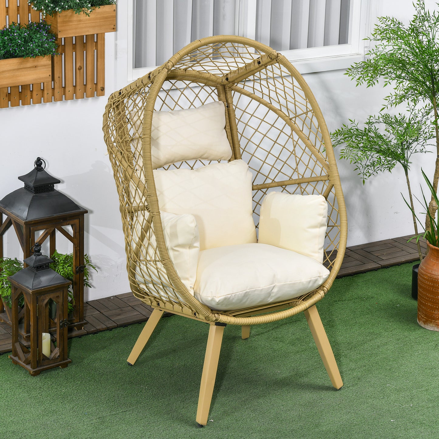 Outsunny PE Rattan Egg Chair, Patio Leisure Chair, Outdoor Furniture w/ Cushion, 34.6" x 33.5" x 56.3", White