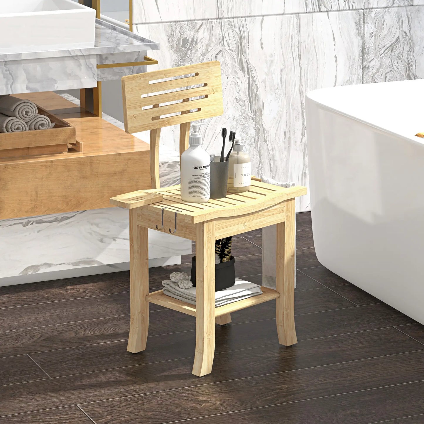 Bathroom Bench with Towel Rack, Shower Head Holder and Soap Dish, Natural Wood