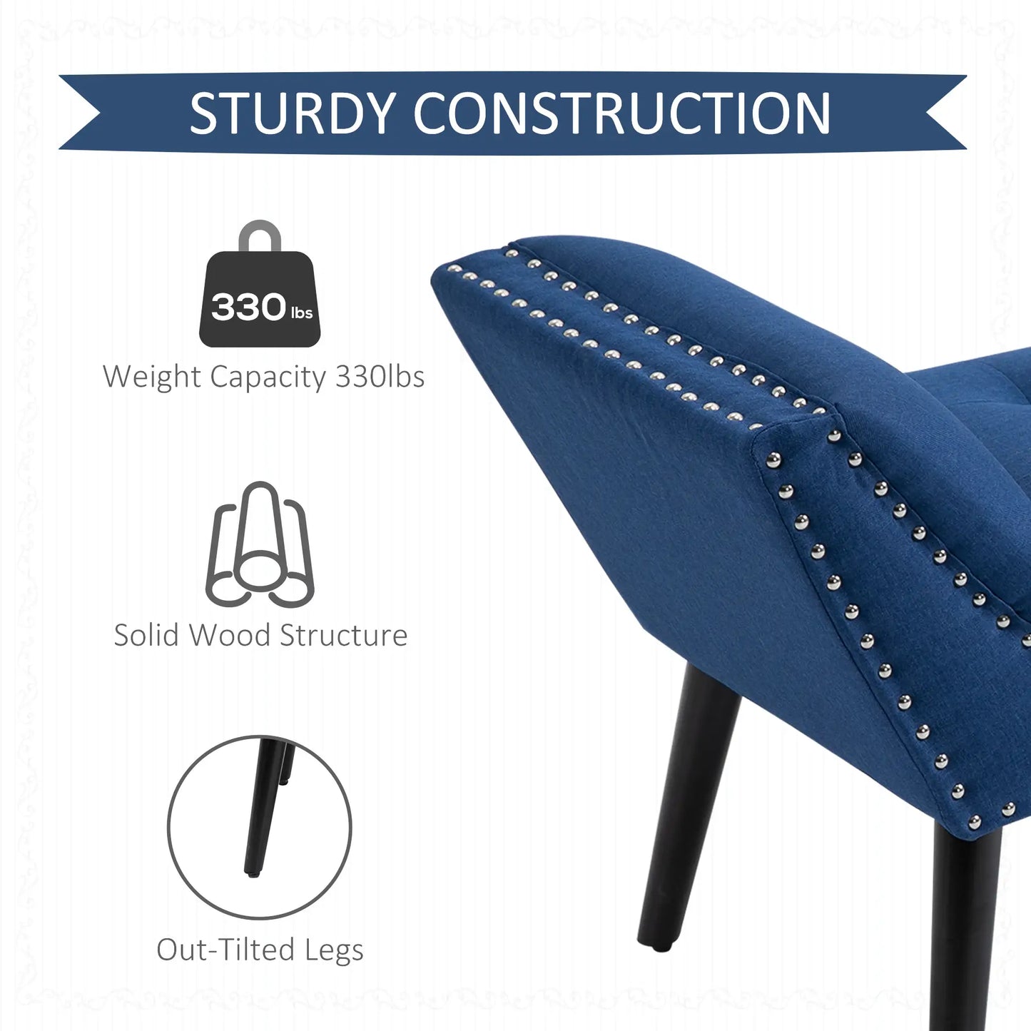 Modern Upholstered Bench with Arms and Nailhead Trim in Blue