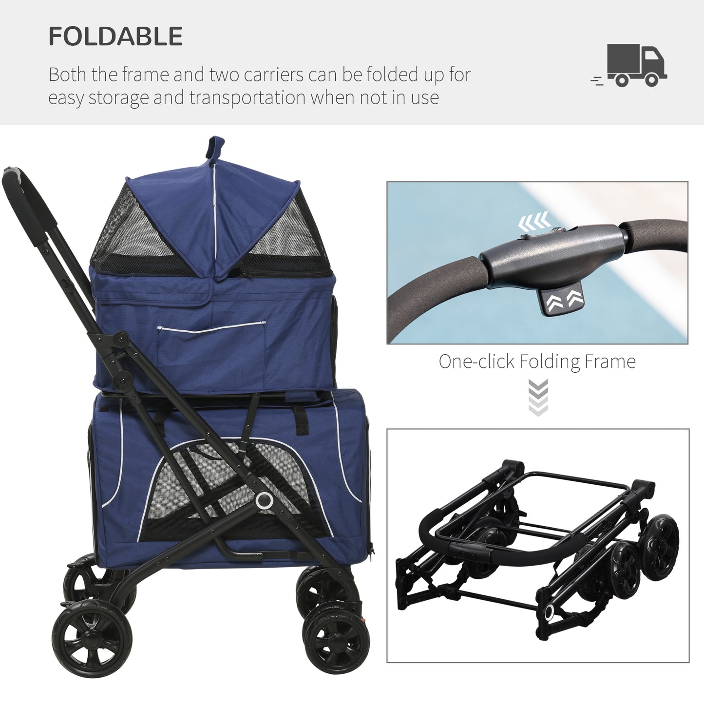 3-in-1 Double Pet Stroller for Small Miniature Dogs Cats with Removable Carrier, Foldable Travel Carrier Bag, Car Seat, Blue