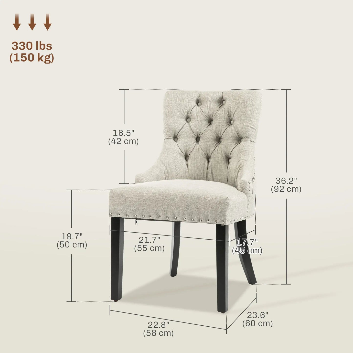 Swoop Air Linen Fabric Dining Chair Set of 2 with Nailhead Trim and Wood Legs Light Grey