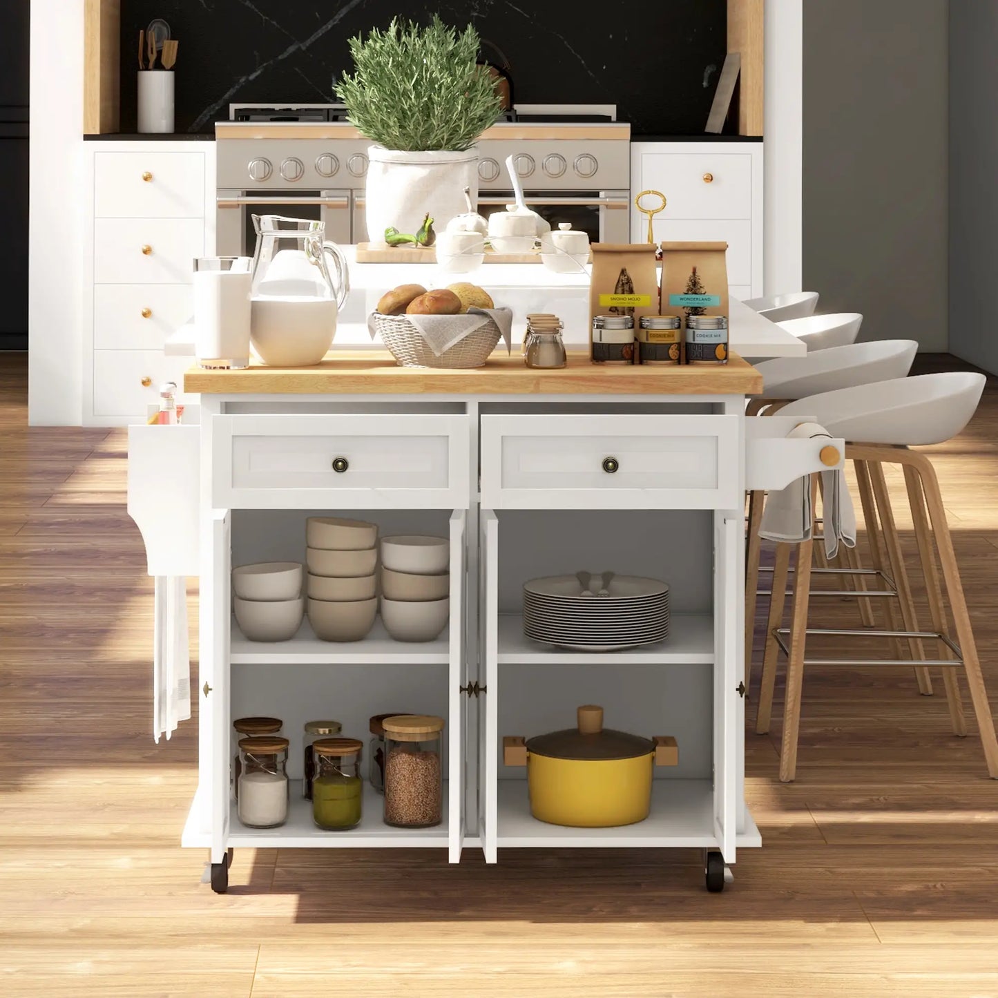 Kitchen Island with Storage, with Rubber Wood Top, Spice Rack, Towel Rack, White