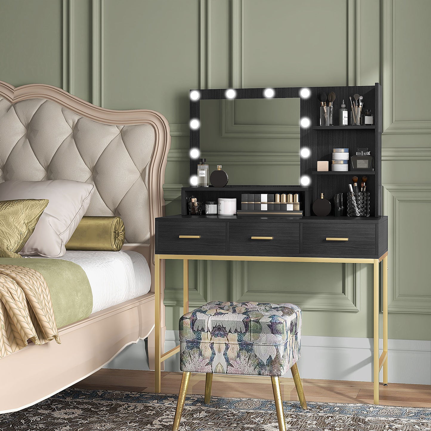 Illuminated Dressing Table, LED Vanity Table with Mirror, 3 Drawers and Storage Shelves for Bedroom, Black