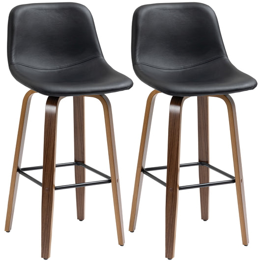 Bar Stools Set of 2, PU Leather Upholstered Bar Chairs with Back and Solid Wood Legs for Kitchen, Dining Room, Black