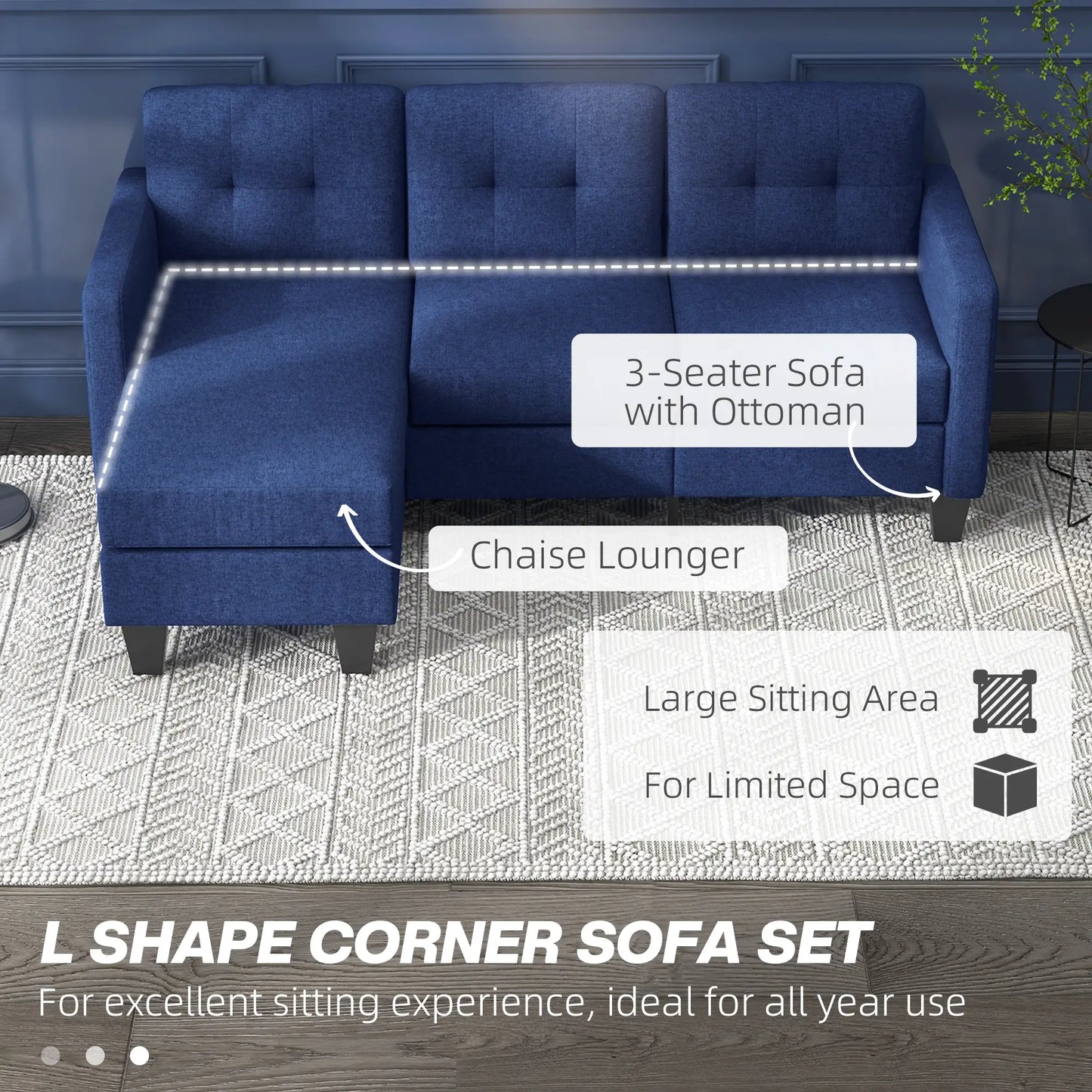 L-shaped Sofa, 3 Seater Sectional Couch with Ottoman with Thick Padded Cushion and Wood Legs, Dark Blue