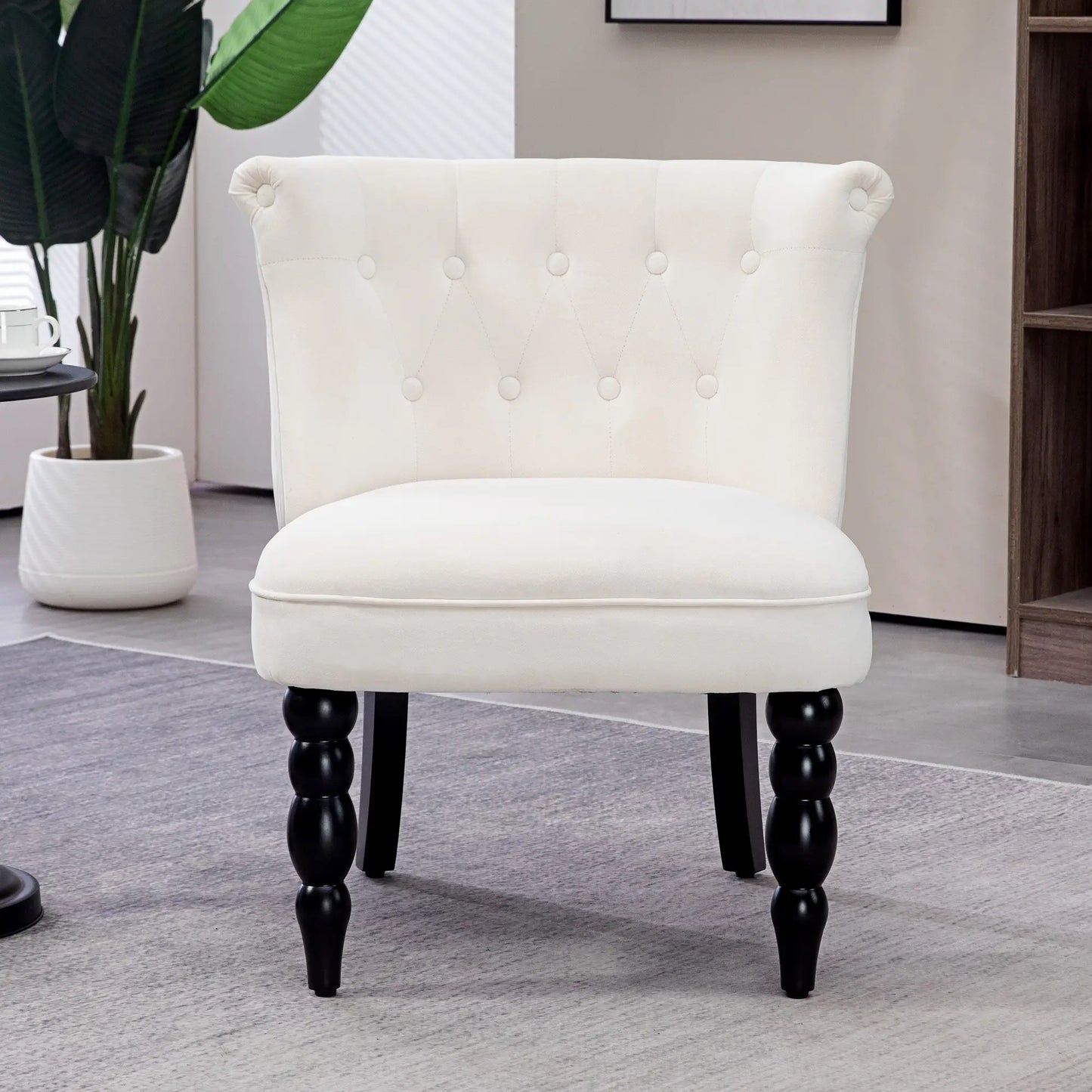 Vintage Style Accent Chair with Button Tufted Back, Turned Legs in Cream White