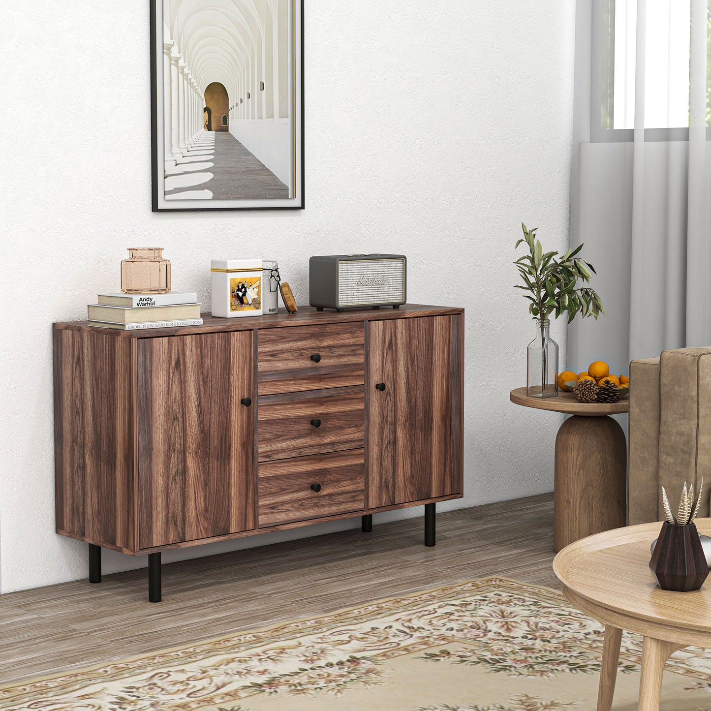 Storage Sideboard with 2 Cupboard, 3 Drawers and Adjustable Shelves in Rustic Brown