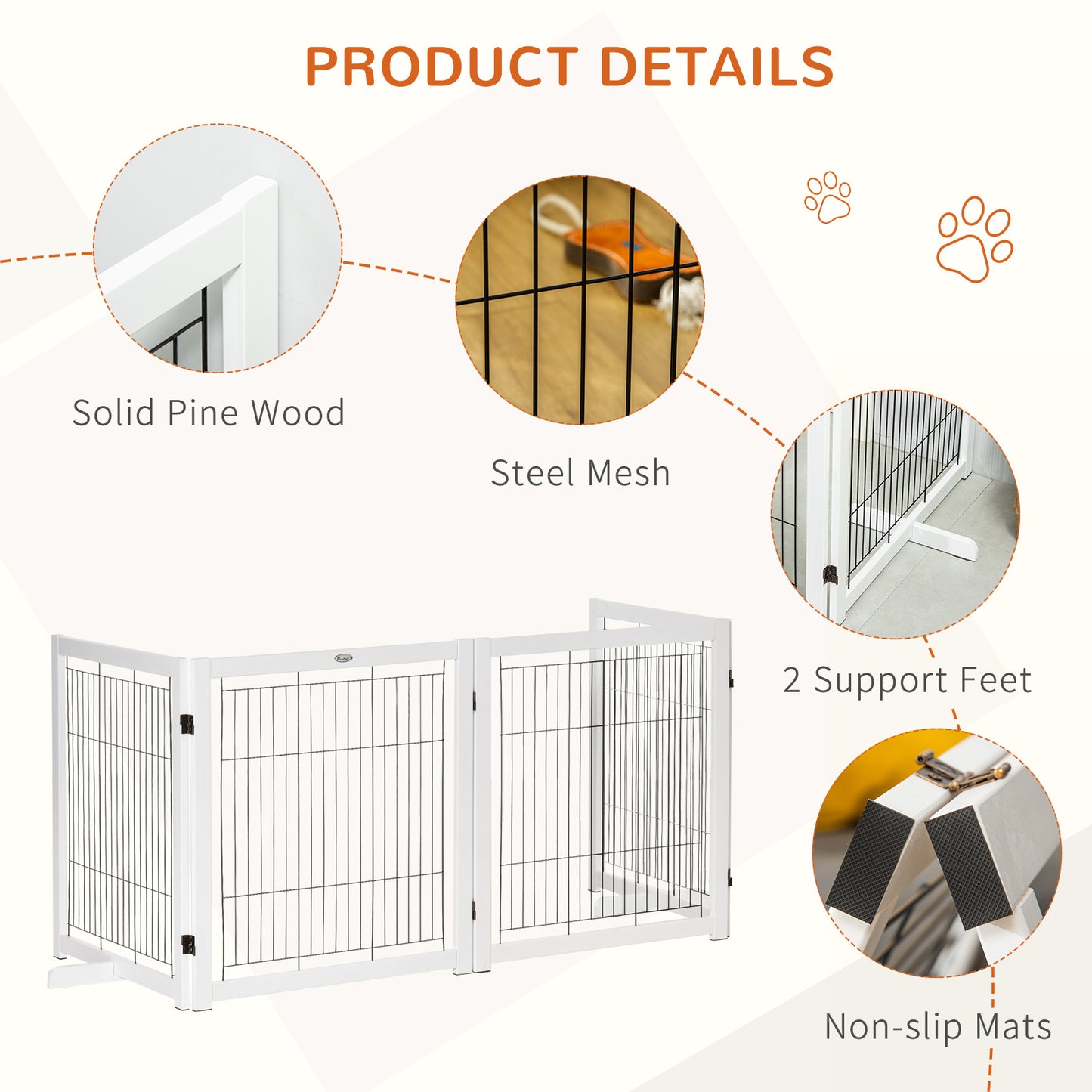 Wooden Dog Gate Foldable Pet Fence for Small & Medium Dogs 4 Panel with Support Feet Freestanding Safety Barrier for House Doorway Stairs White