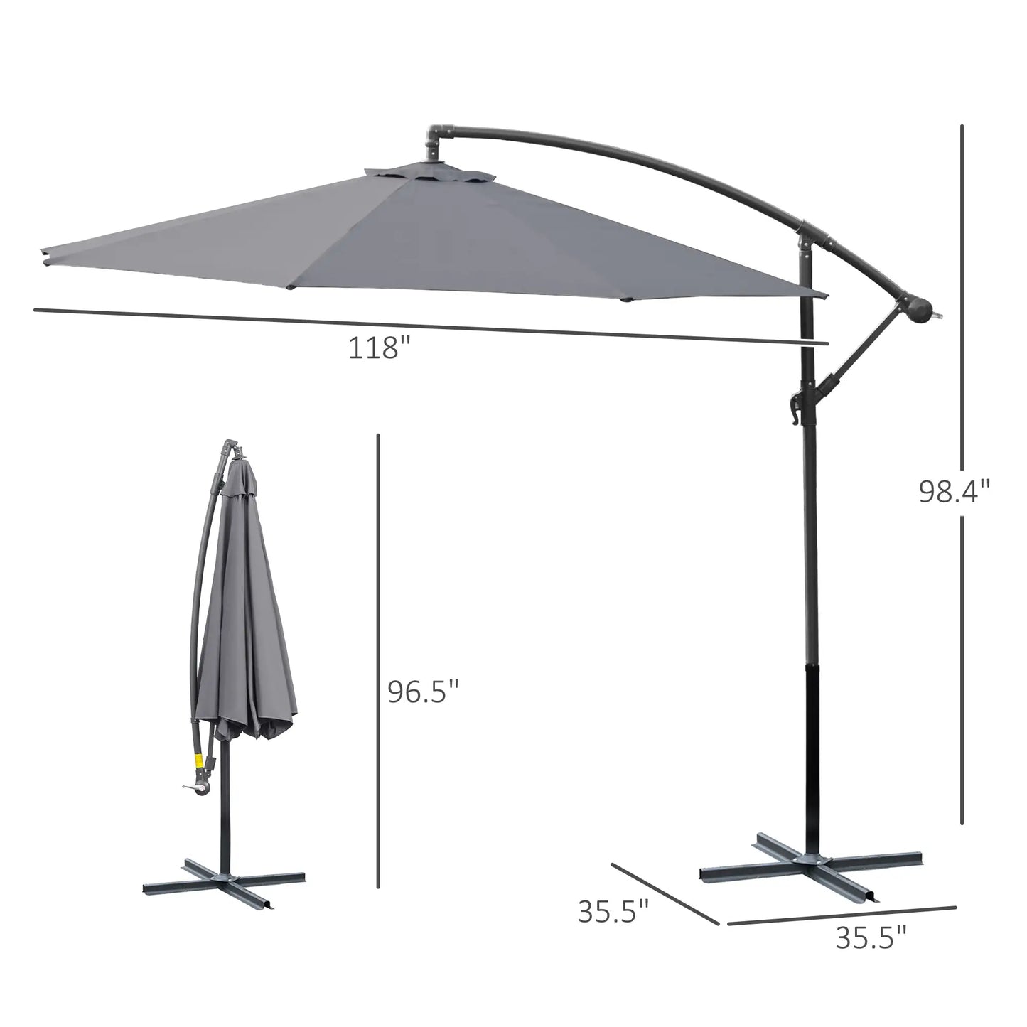 10' Deluxe Patio Umbrella, Hanging Offset Sunshade, Crank Cross Base in Grey