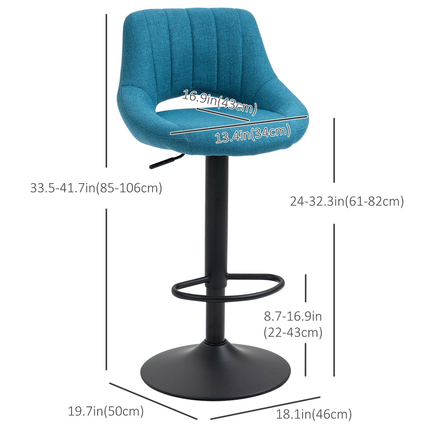 Bar Stools Set of 2, Swivel Counter Height Barstools with Adjustable Height, Linen Upholstered Bar Chairs with Round Metal Base and Footrest, Blue