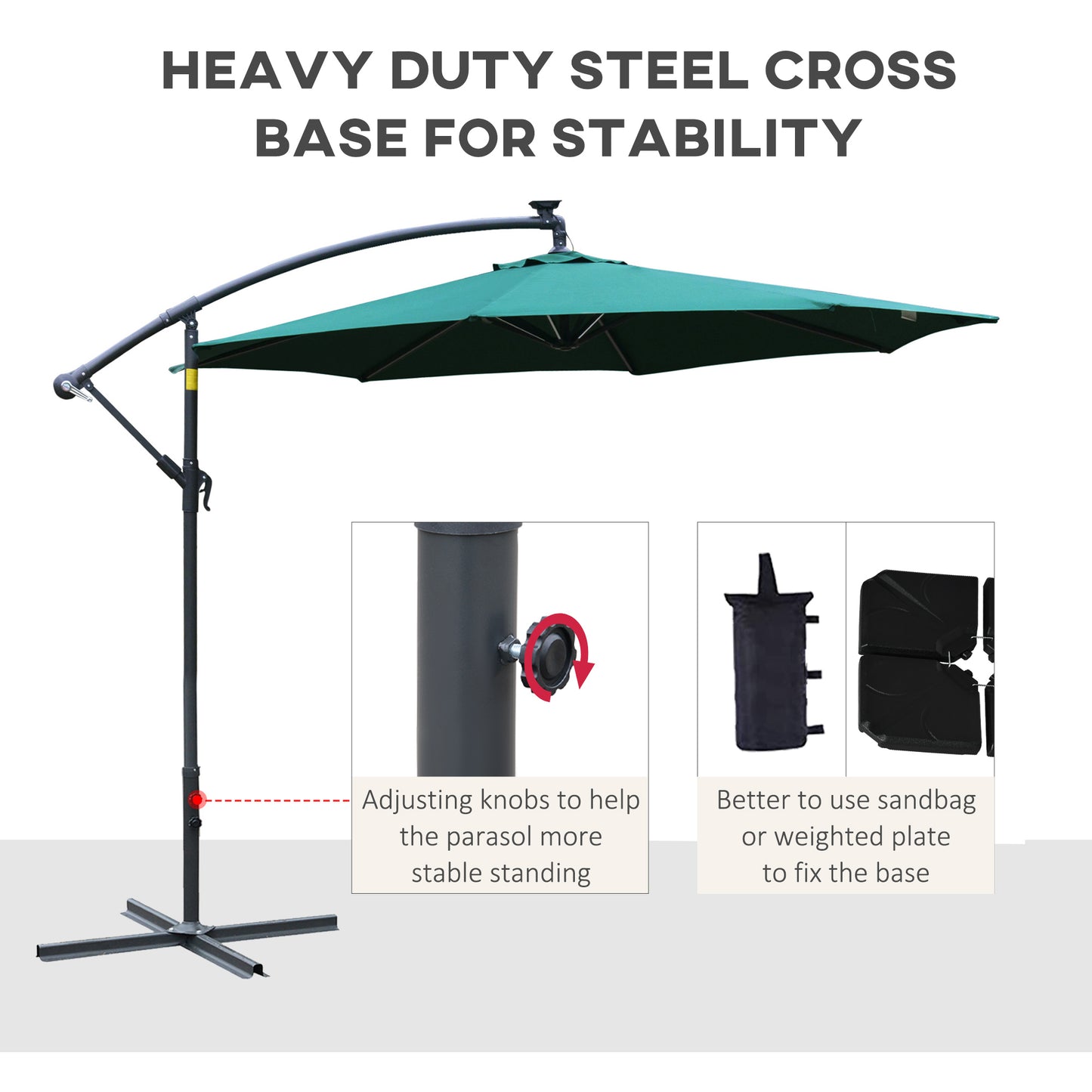 10ft Cantilever Solar Hanging Offset Umbrella Outdoor LED Lights Aluminum Market Banana Parasol Crank w/ Cross Base Garden Sun Shelter Green