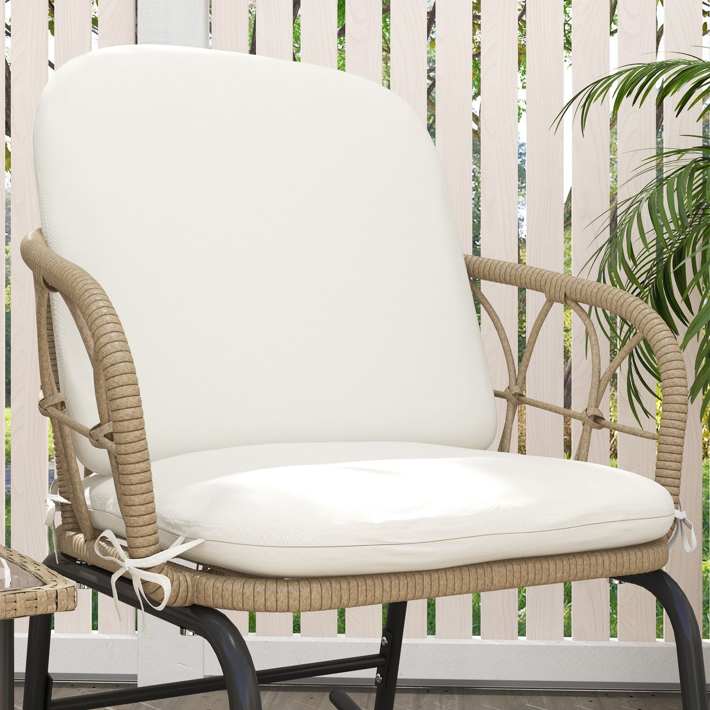 Outsunny 3 Pieces Patio Rocking Chair Patio Set with Cushions, Outdoor Round PE Rattan Wicker Hollow Design Conversation Set with Two Rocker Chairs, Glass Top Coffee Table, Beige