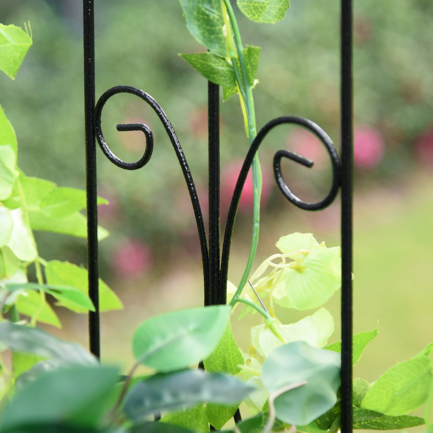 87" Metal Garden Arbor Arch with Double Doors, 2 Side Planter Baskets, Climbing Vine Frame, Black