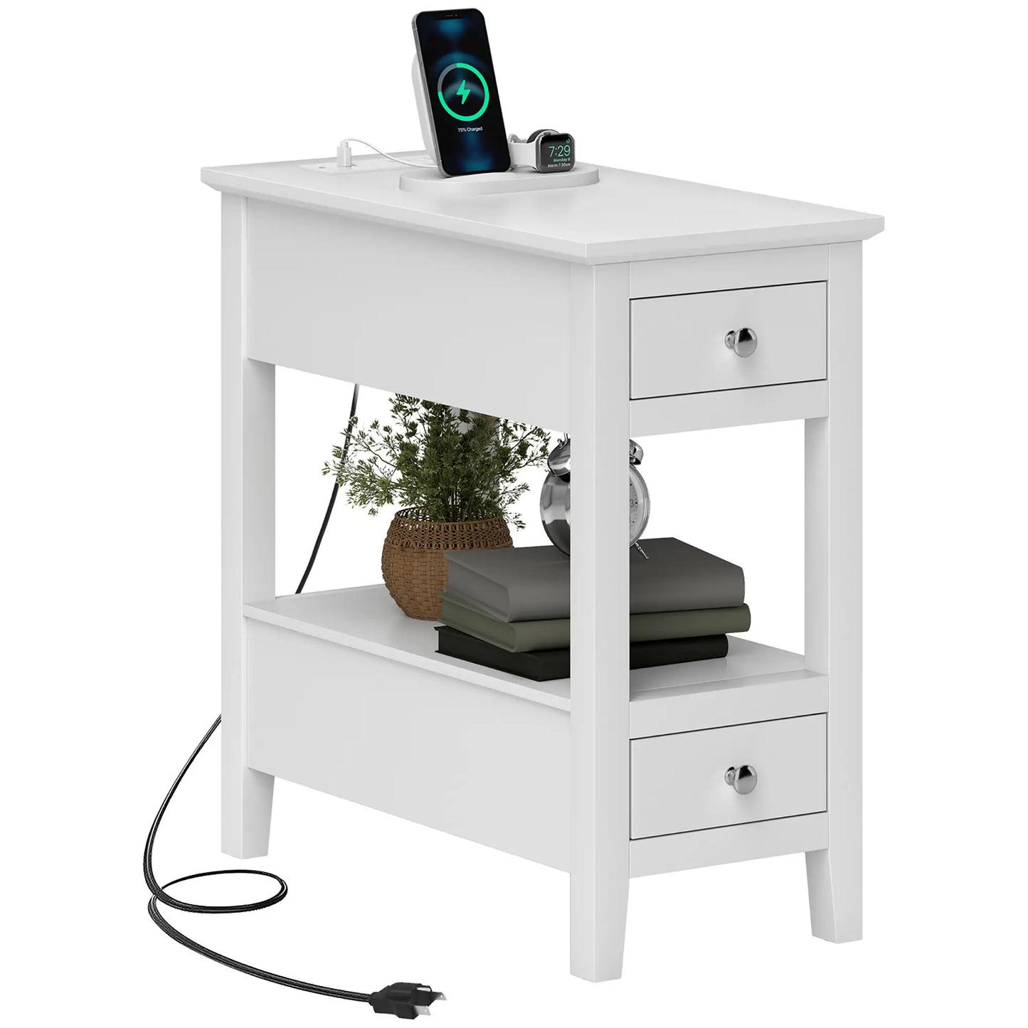 Narrow Side Table with Charging Station, USB Ports, Modern End Table with Storage Shelf, Drawers for Living Room, White