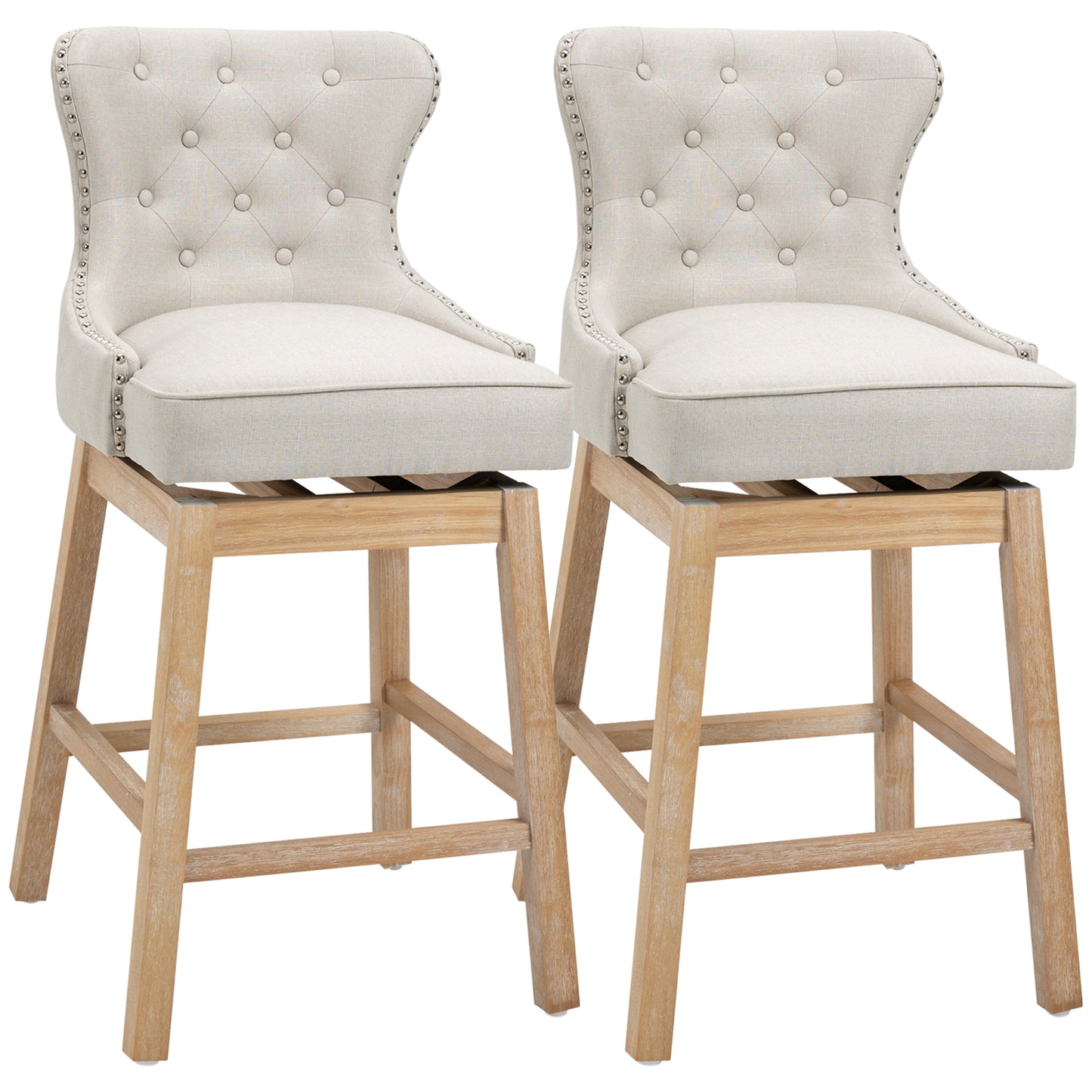 Bar Height Bar Stools Set of 2, 180° Swivel Kitchen Stools, Upholstered Nailhead-Trim Bar Chair, 30" Seat Height with Rubber Wood Legs, Beige