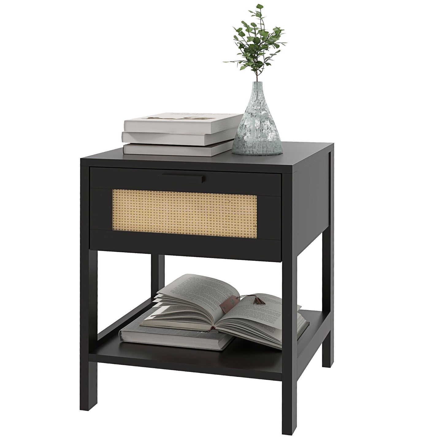 Modern Bedside Table, Accent Nightstand with Drawer and Open Shelf, Bed End Table for Bedroom, Living Room, Black