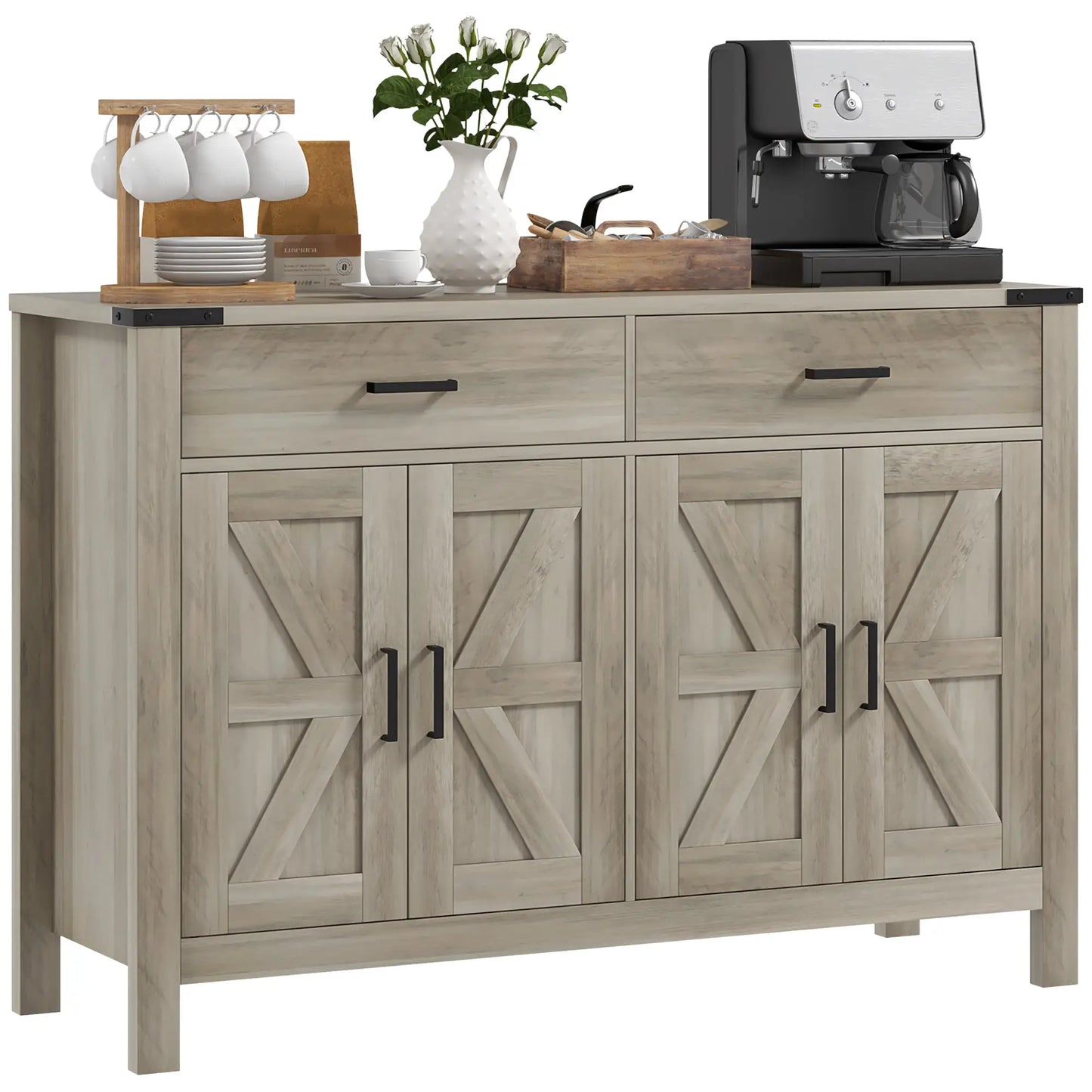 Farmhouse Buffet Cabinet Sideboard with 2 Drawers, 2 Storage Cabinets and Adjustable Shelves, Grey