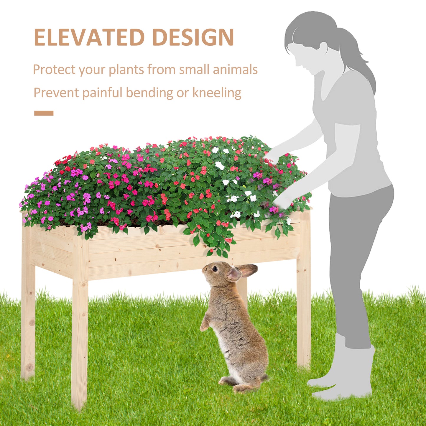 34''x18''x30'' Elevated Planter Box with Legs Wooden Patio Raised Garden Bed Outdoor Flower Stand Yard Natural Plant Table Raised Flower Planter w/ Inner Bag