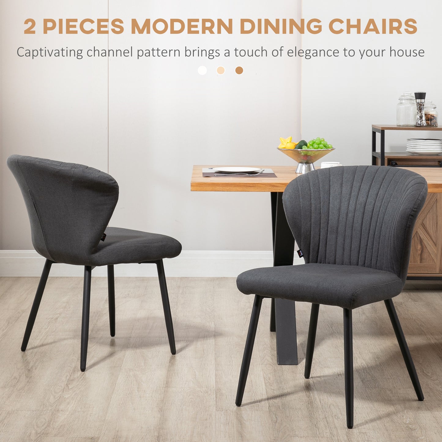 Modern Dining Chairs Set of 2, Linen Upholstered Kitchen Chairs with Channel Tuft Backrest, Padded Seat and Steel Legs, Dark Grey